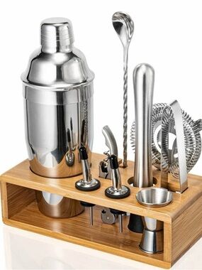 Stainless Steel Cocktail Bar Set with Bamboo Organizer